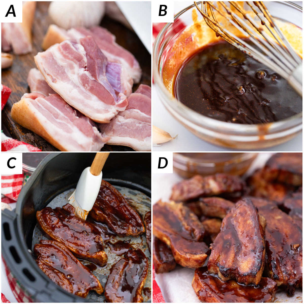 image collage showing the steps for making Air Fryer Pork Belly
