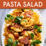 overhead view of pasta salad on an oval serving platter