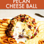 A cranberry pecan cheese ball cut open on a serving plate surrounded by pretzels and crackers
