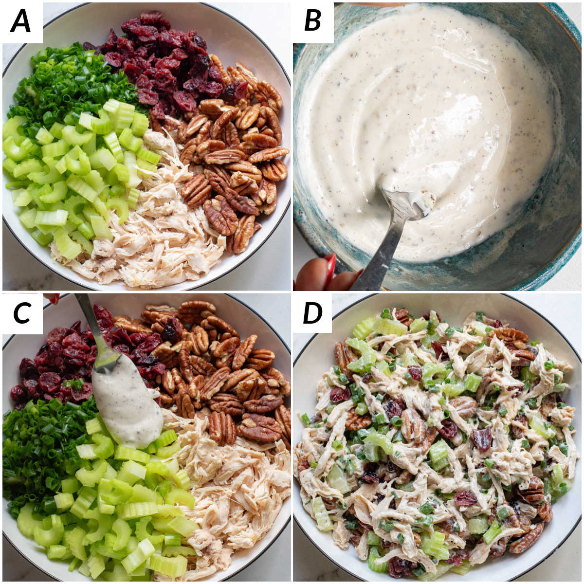 image collage showing the steps for making cranberry chicken salad
