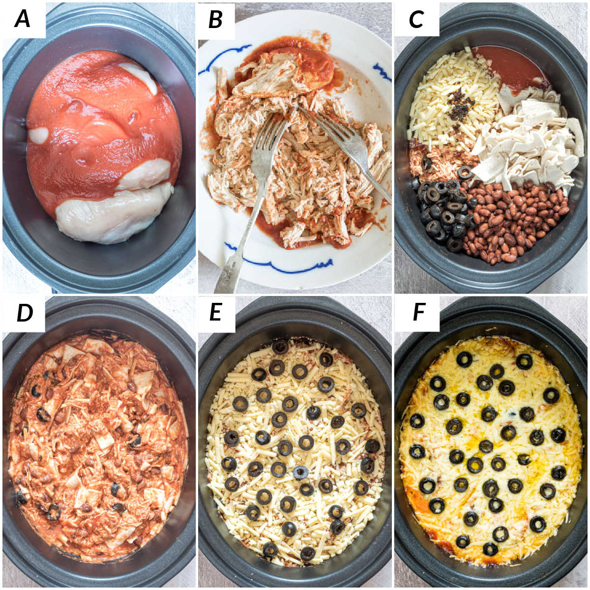 image collage showing the steps for making this crock pot chicken enchiladas recipe
