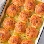 top down view of the completed chicken meatballs in the baking dish