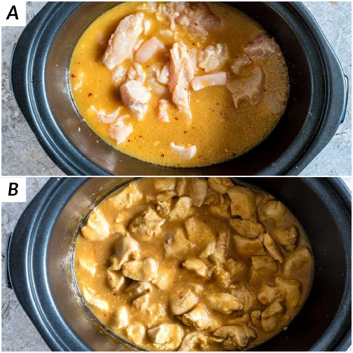 image collage showing the steps for making this crockpot orange chicken recipe