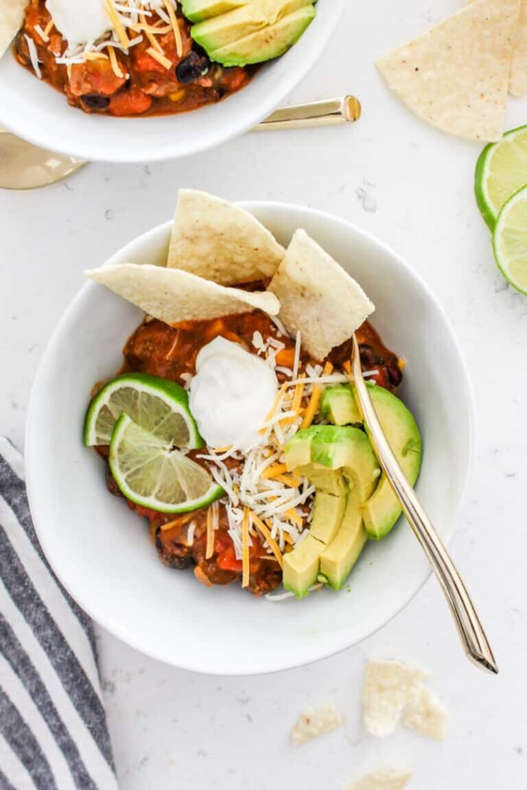 Slow cooker taco soup in a white bowl.
