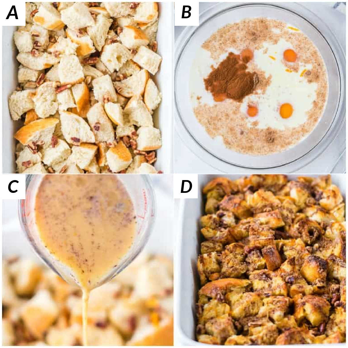 image collage showing the steps for making french toast casserole