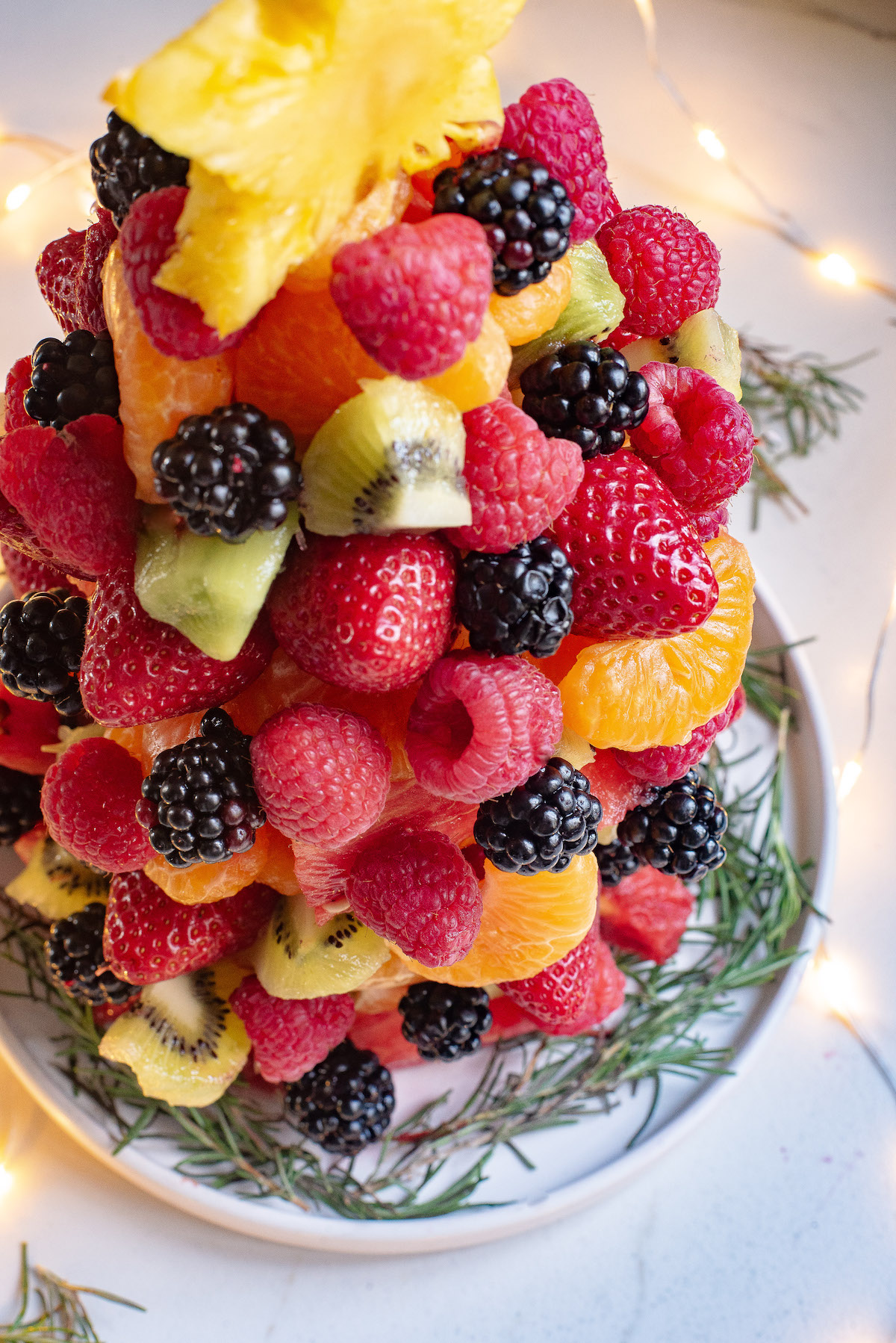 top down view of the finished fruit christmas tree