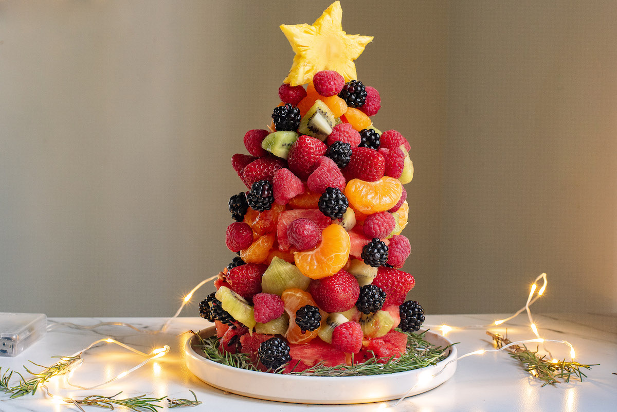 the completed fruit christmas tree served on a table