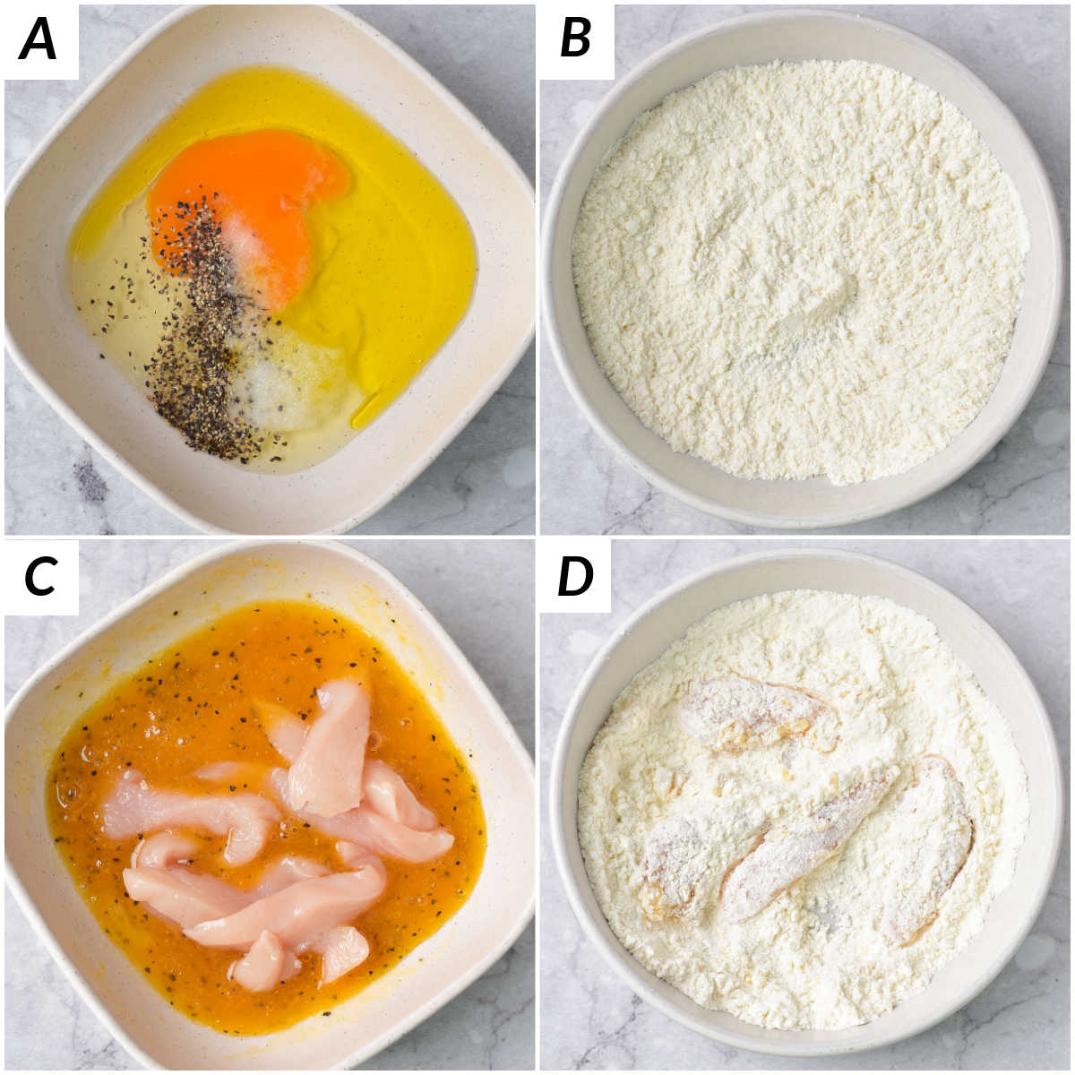image collage showing the beginning steps for making honey sesame chicken