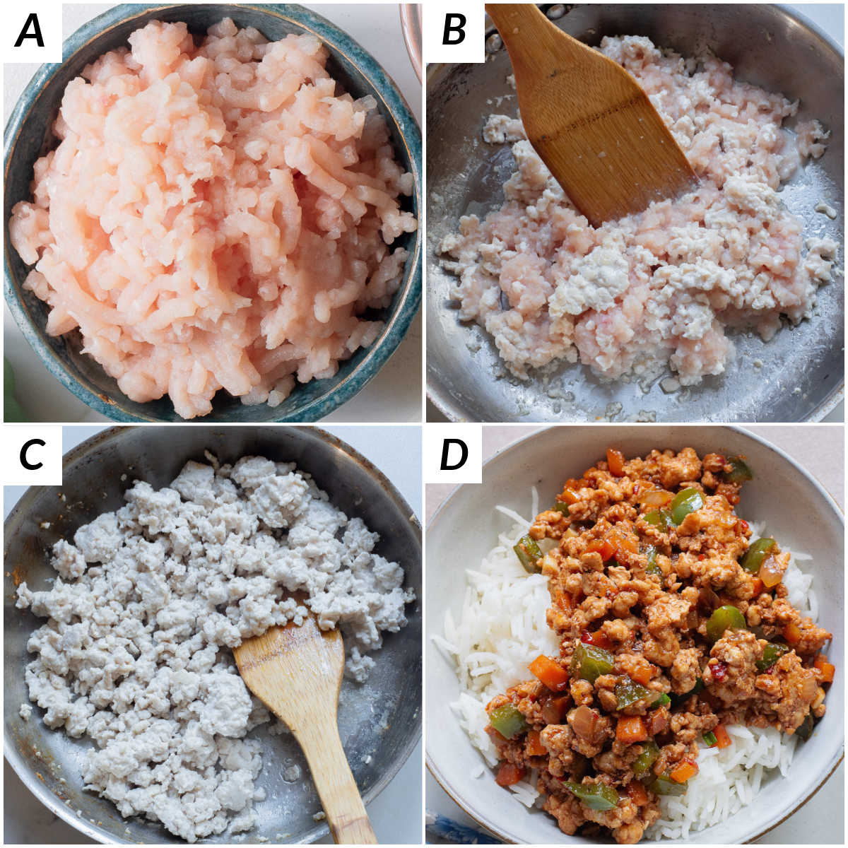 image collage of the steps for how to cook ground chicken