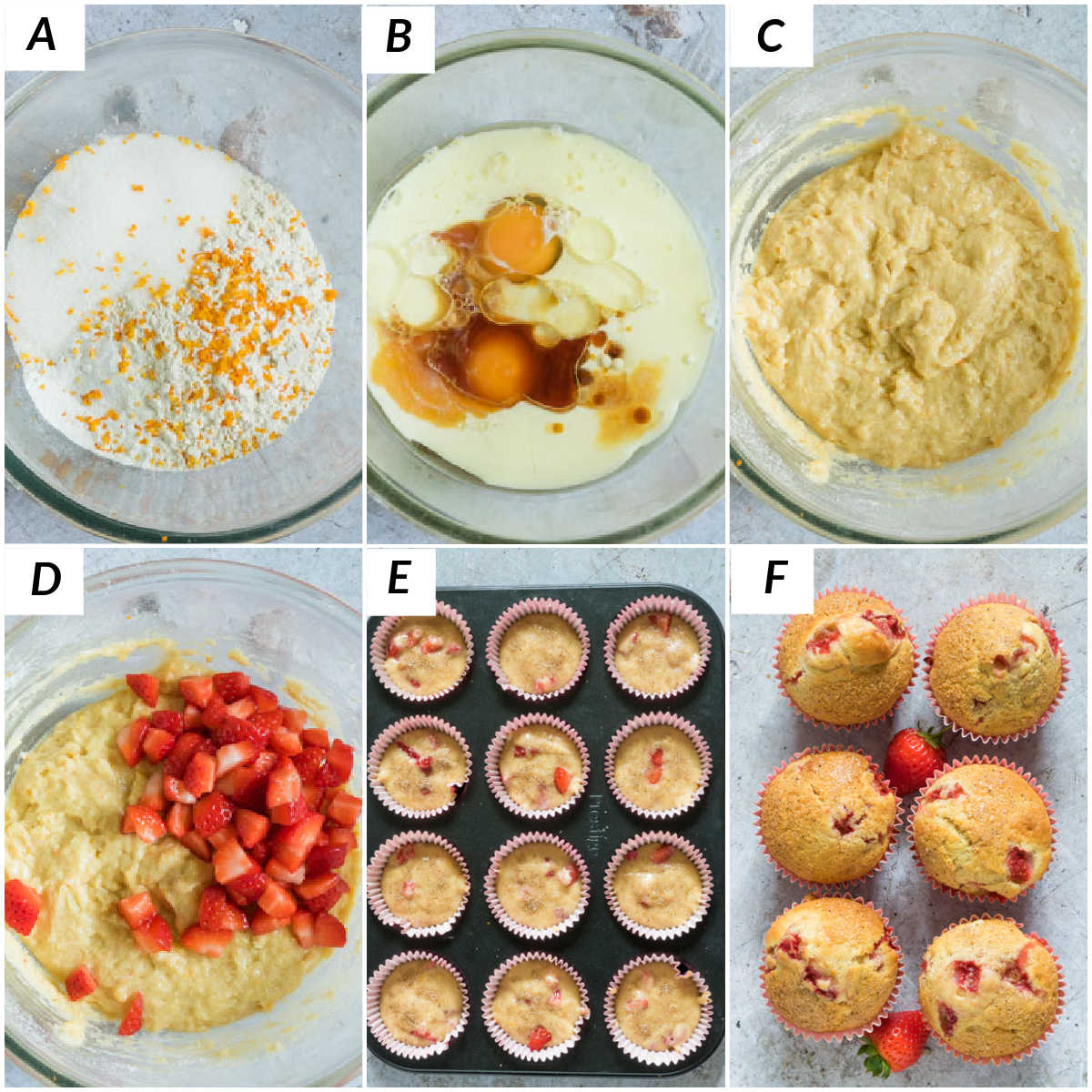 image collage showing the steps for making this strawberry muffin recipe