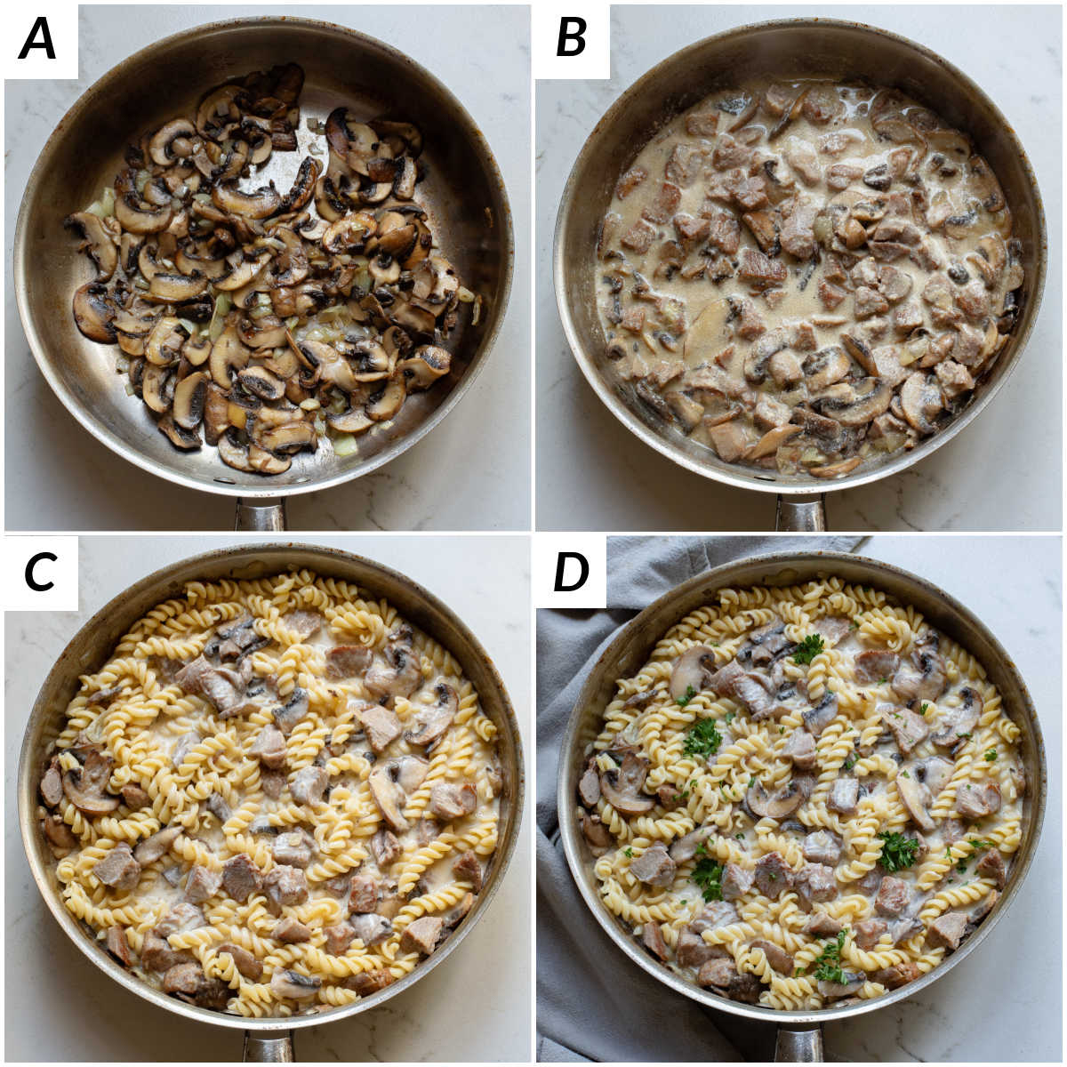 image collage showing the steps for making turkey stroganoff