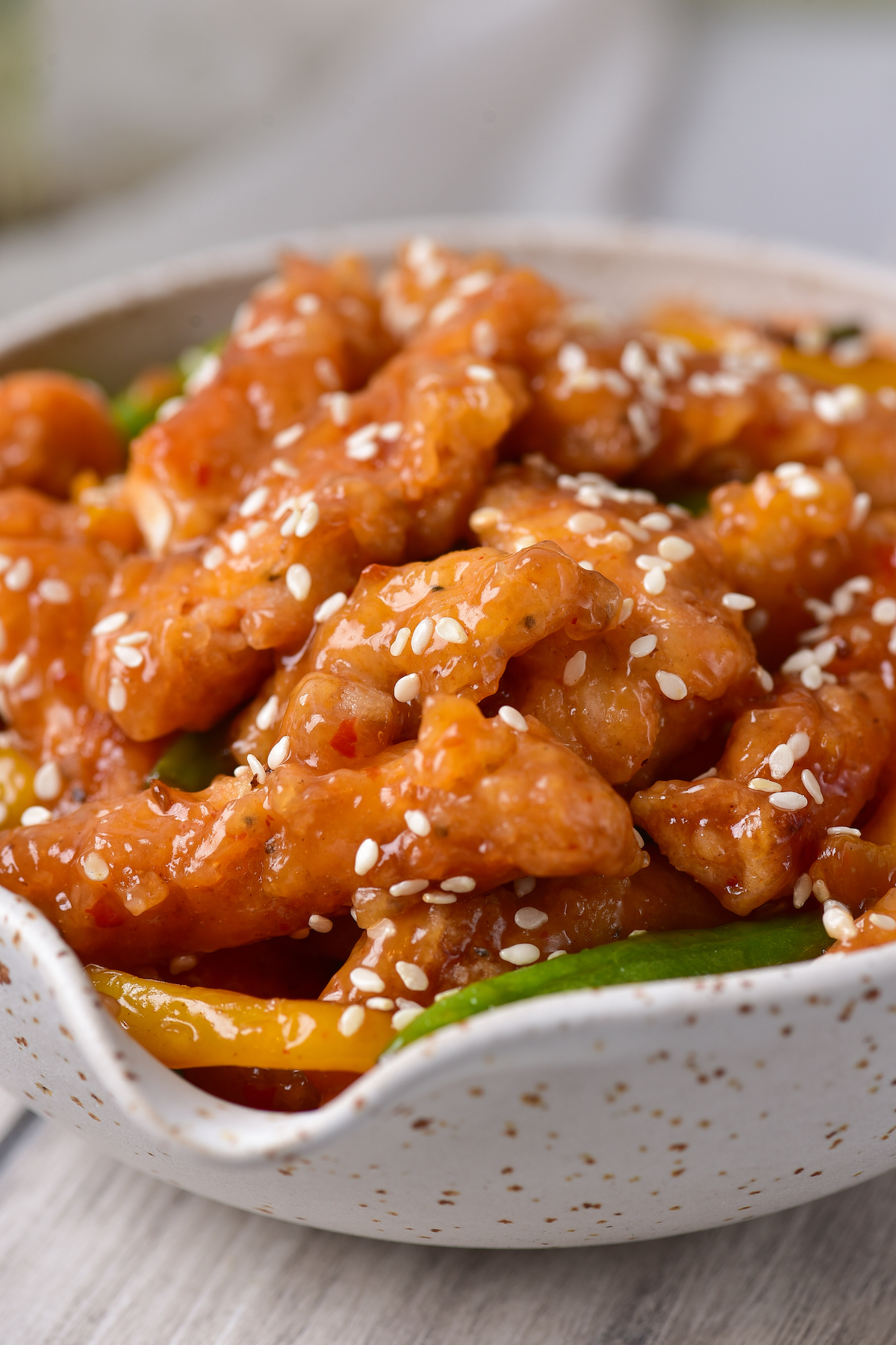 close up view of the completed honey sesame chicken recipe