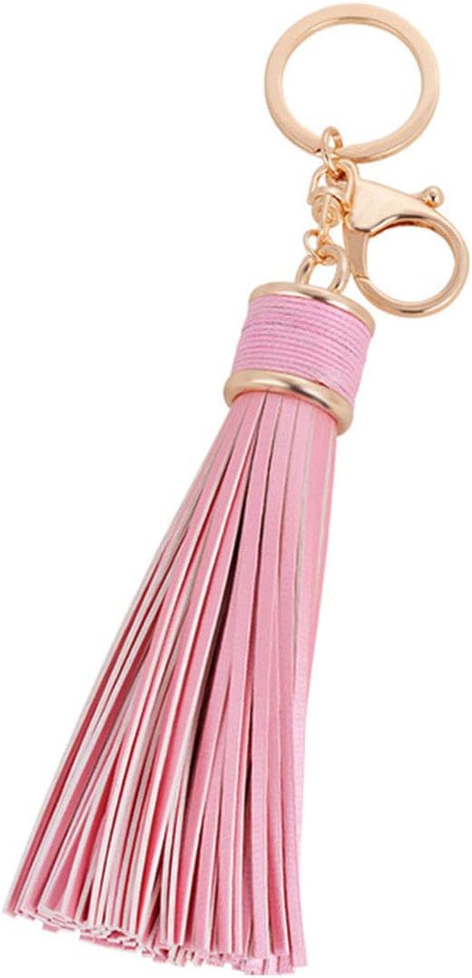 Leather fringe keychain in pink. 