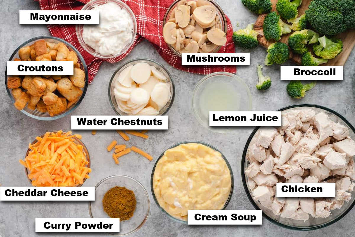 the ingredients needed to make this broccoli and chicken casserole recipe