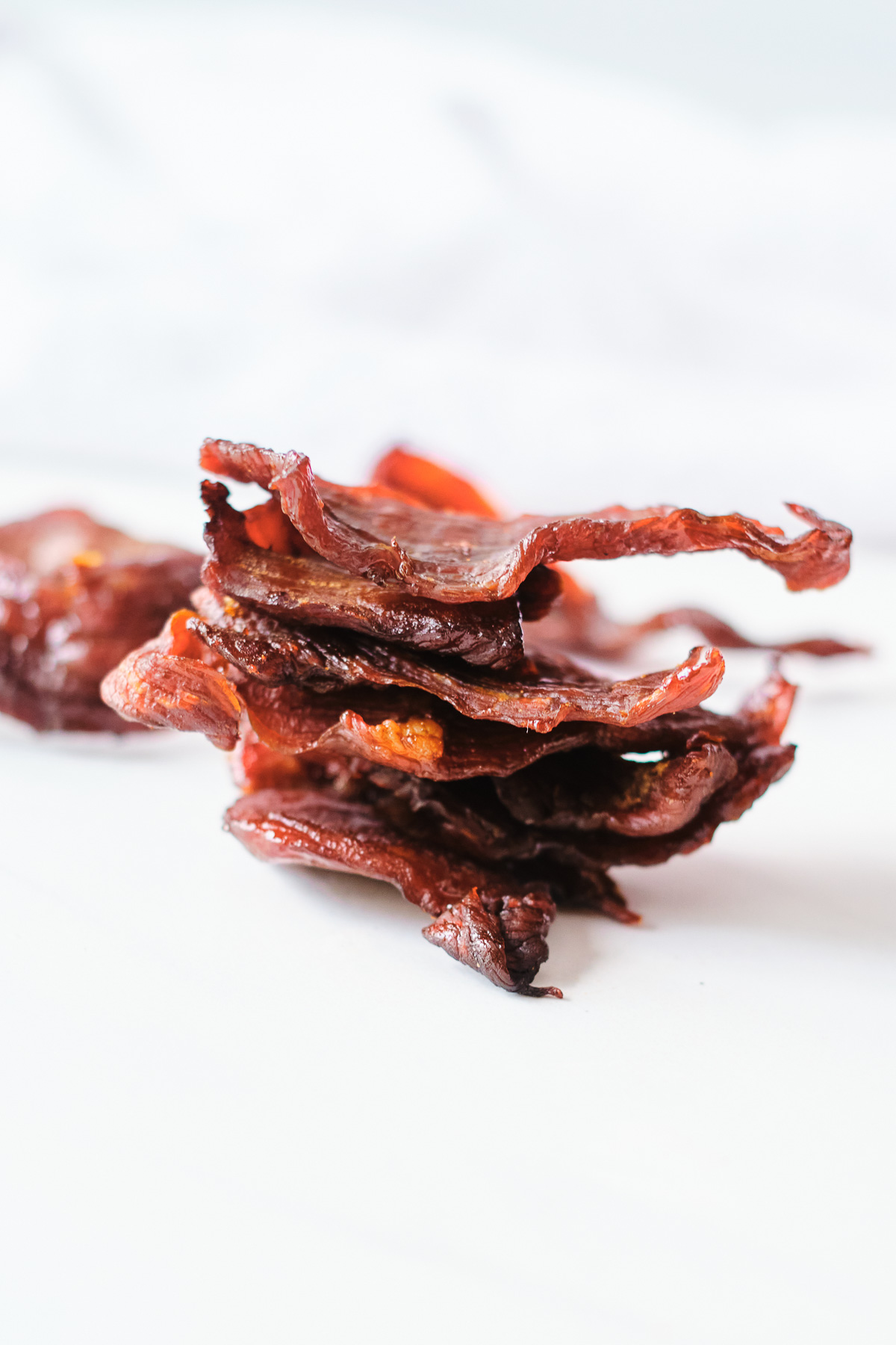 pieces of jerky stacked vertically