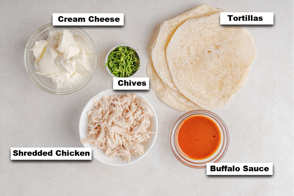 the ingredients needed to make this buffalo chicken pinwheels recipe