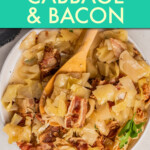 slow cooked cabbage and bacon in a serving dish with a spoon