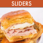 close up of a stack of ham and cheese sliders
