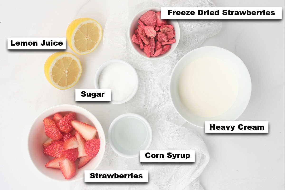 the ingredients needed to make this stawberry ice cream Ninja Creami recipe