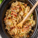 the finished slow cooker cabbage recipe inside the crockpot insert
