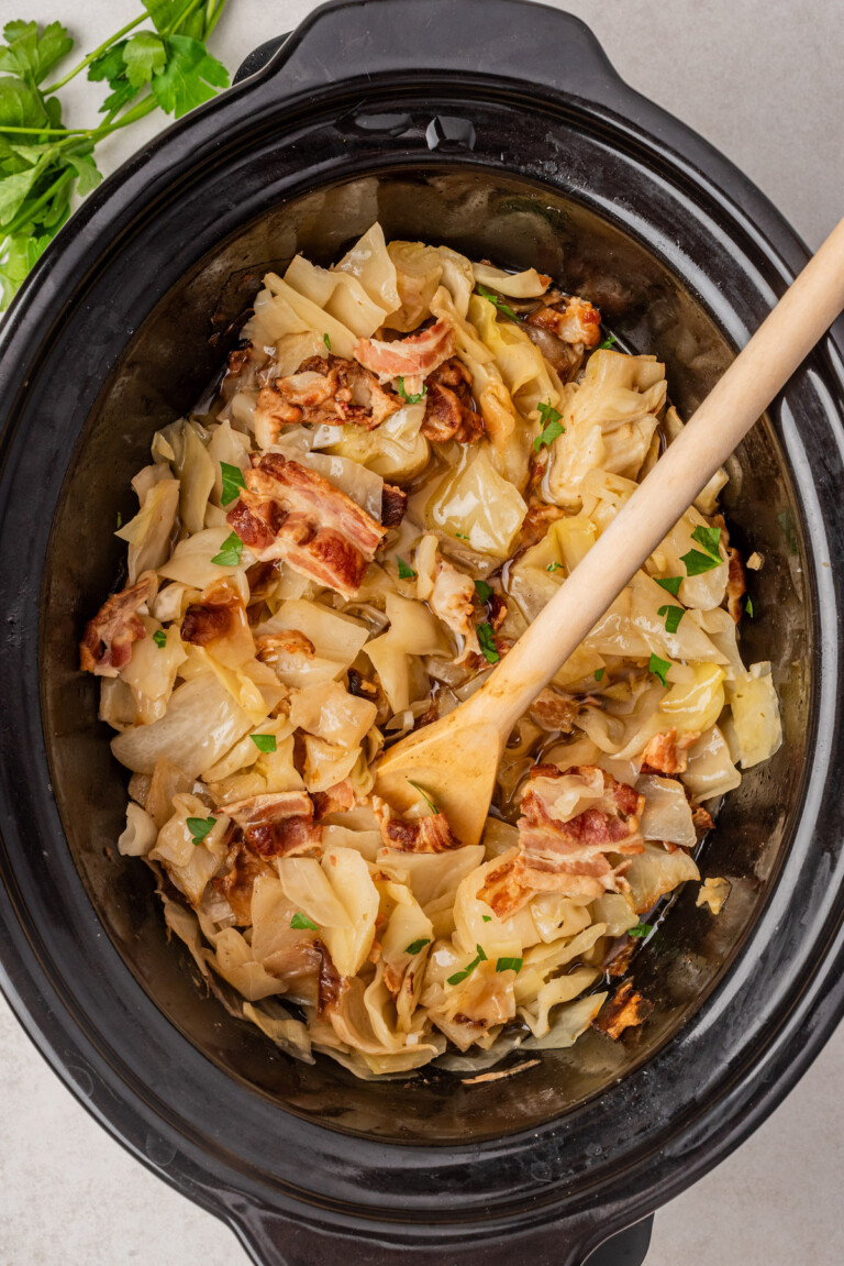 the finished slow cooker cabbage recipe inside the crockpot insert