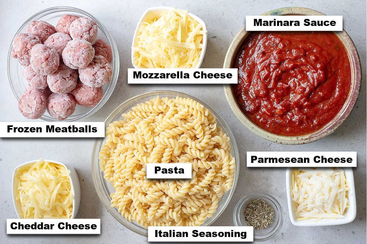 the ingredients needed to make this casserole with meatballs recipe