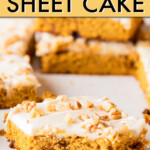 Close up of square pieces of pumpkin sheet cake