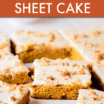 Close up of square pieces of pumpkin sheet cake