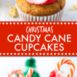 two pictures of cupcakes with red and white frosting garnished with candy canes