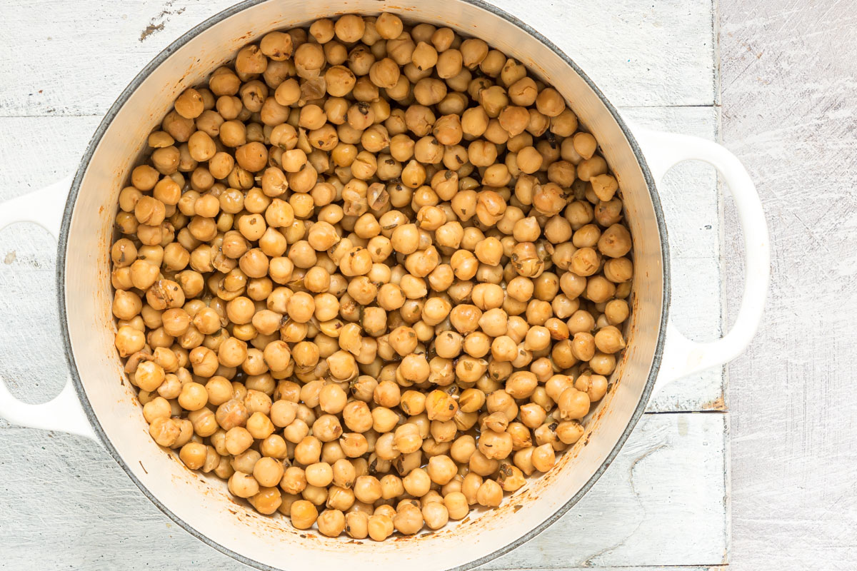 top down view of a white pot filled with the completed how to cook canned chickpeas recipe