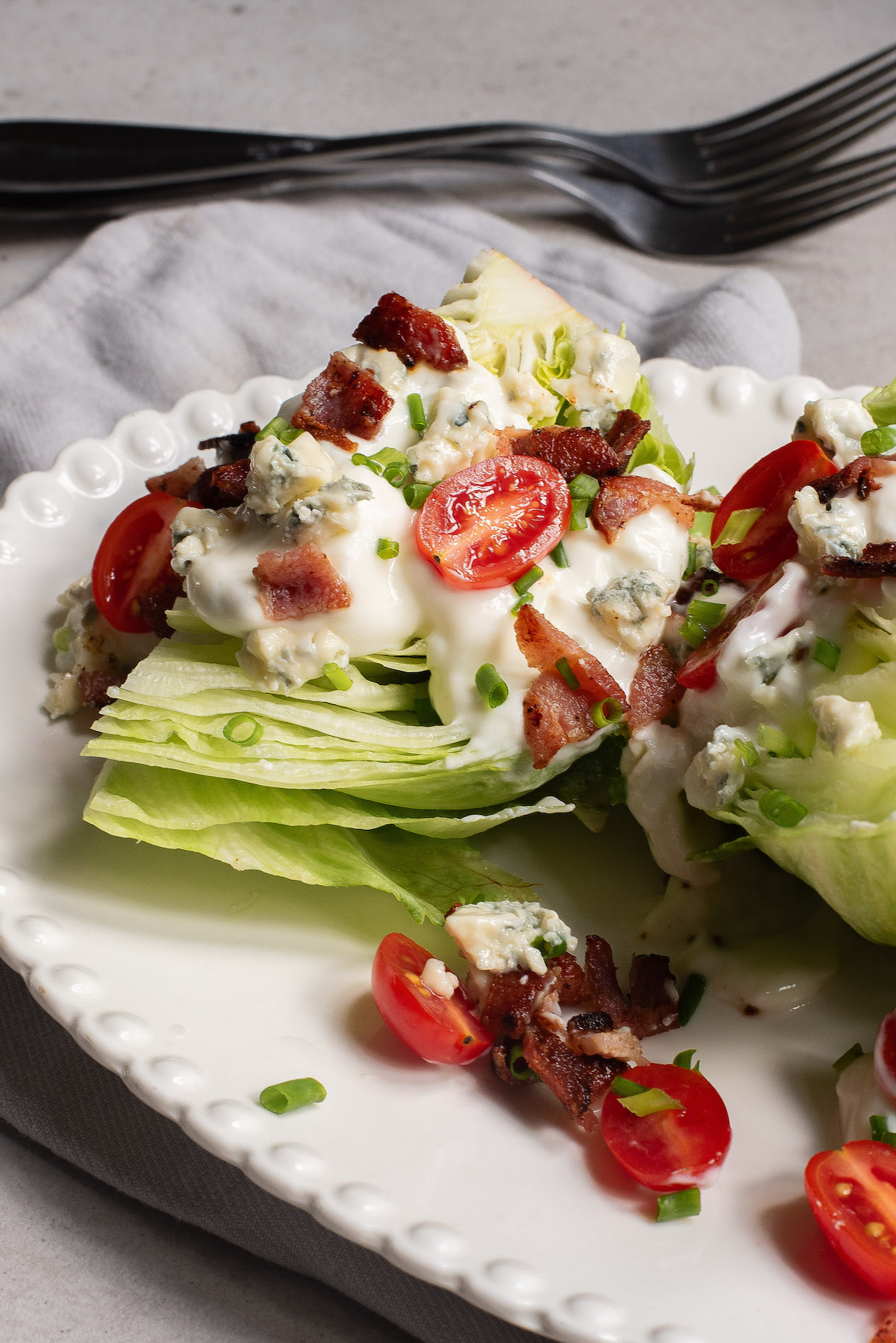 close up of the finished blue cheese wedge salad