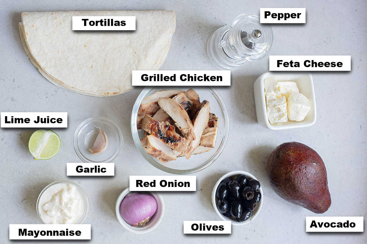 the ingredients for making this grilled chicken wrap recipe