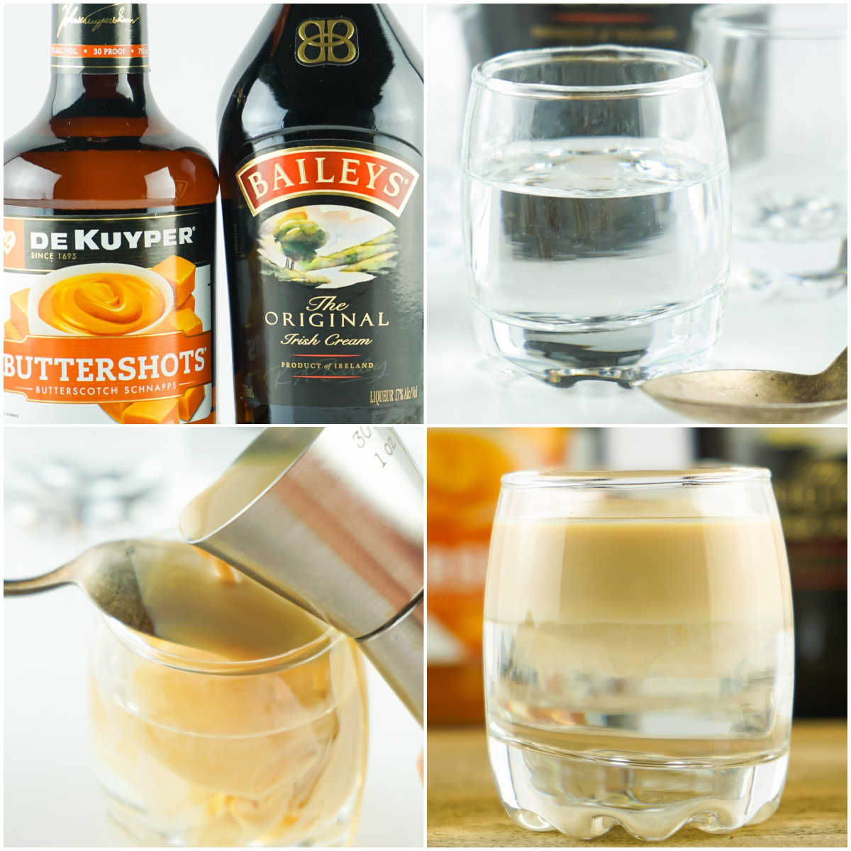 image collage showing the steps for making this buttery nipple shot recipe.