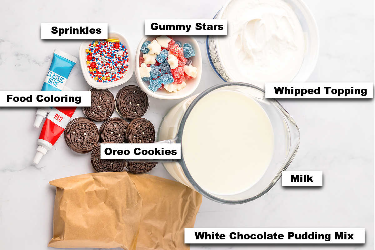 the ingredients needed to make this recipe for patriotic dirt cups.