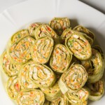 the completed veggie pinwheels recipe on a white plate