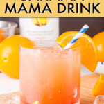 Bahama mama cocktail in front of a bottle of malibu rum and fresh oranges