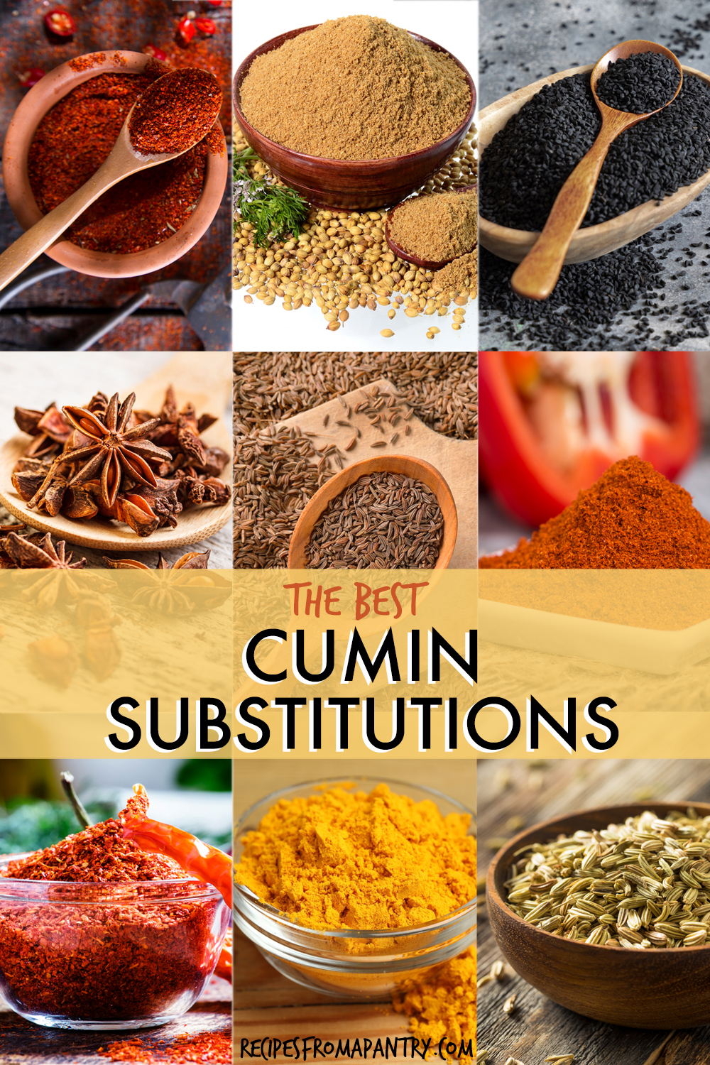 A collage of images of spices that can be used as replacements for cumin