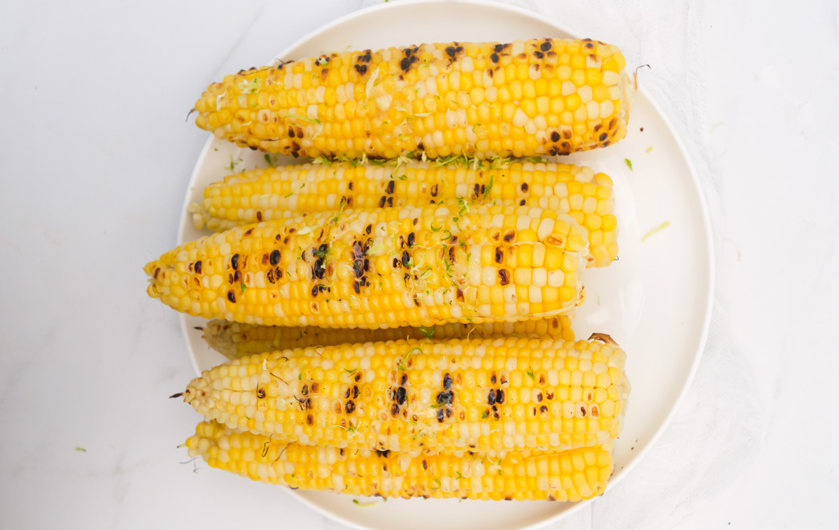 top down view of the finished corn on a white serving plate
