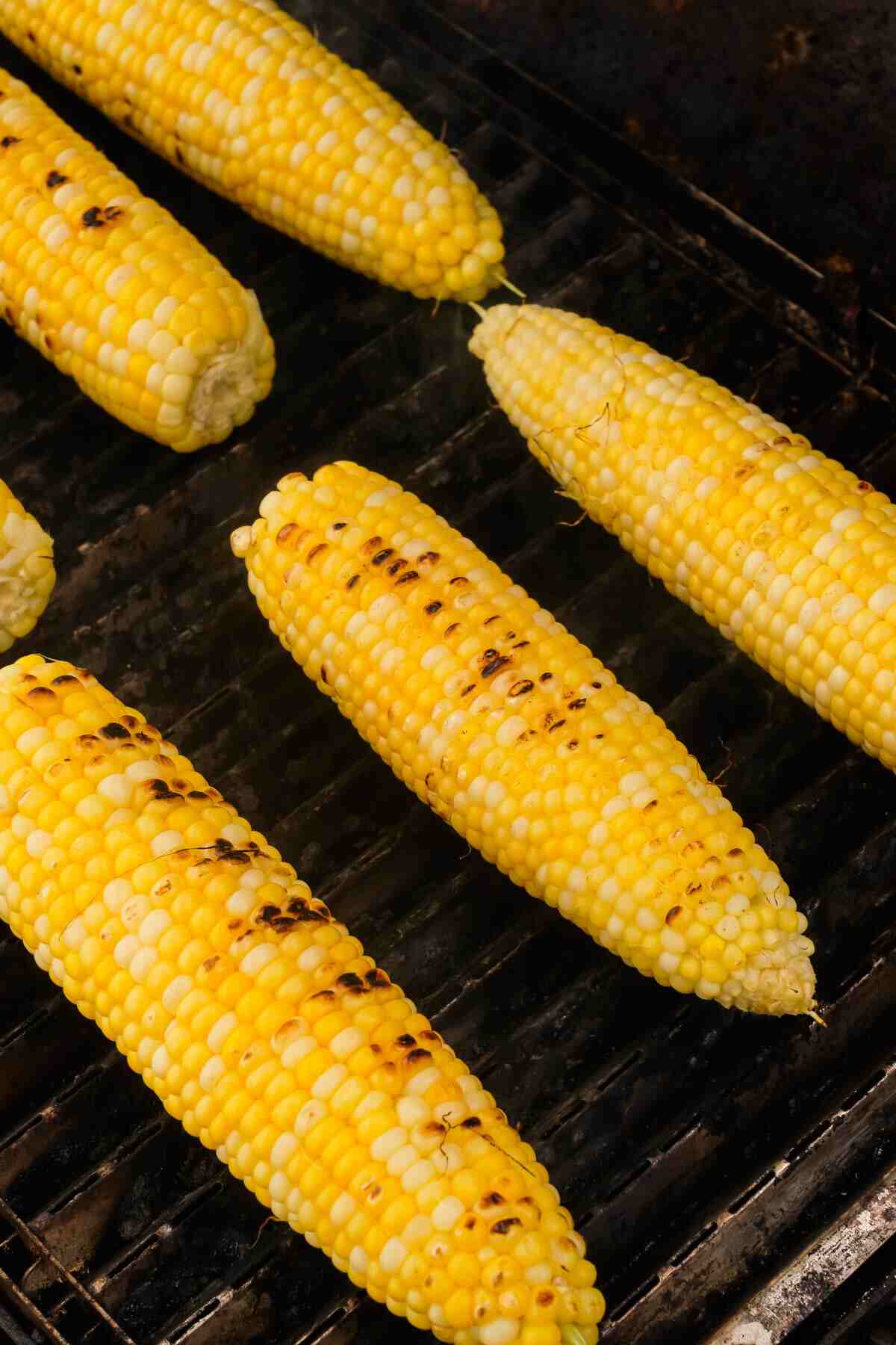corn on the cob being cooked on a grill.
