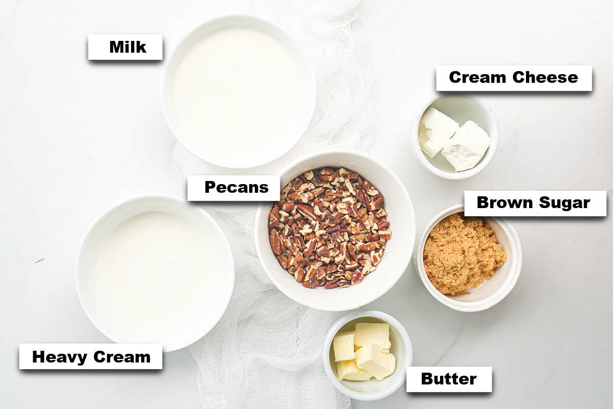 the ingredients needed for making butter pecan ice cream in the Ninja Creami machine.