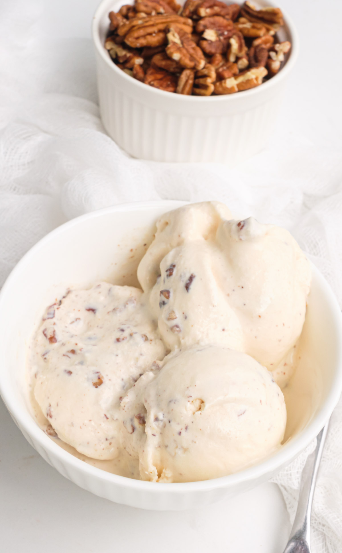 a bowl of butter pecan ice cream with a dish of additional pecans behind it.