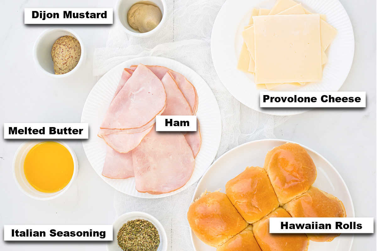 the ingredients needed to make this ham and cheese sliders recipe.
