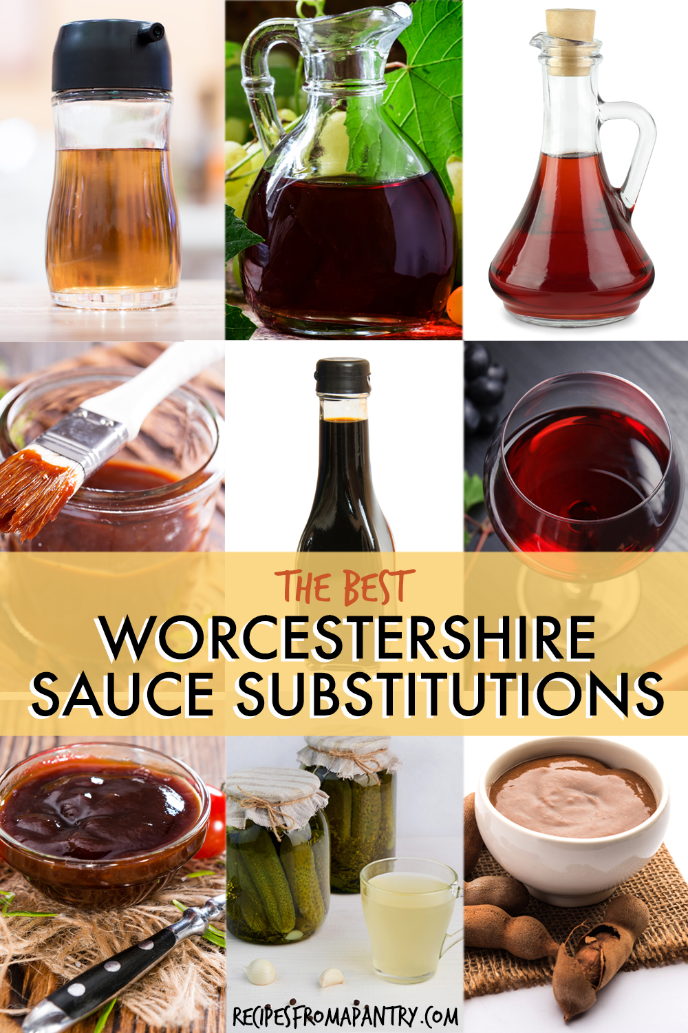 A collage of images of items that can be used replacements for Worcestershire sauce.