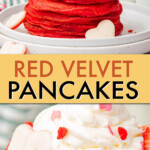 two images of red velvet pancakes with whipped cream topping