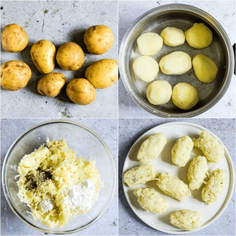 image collage showing the first four steps for making Air Fryer Tater Tots