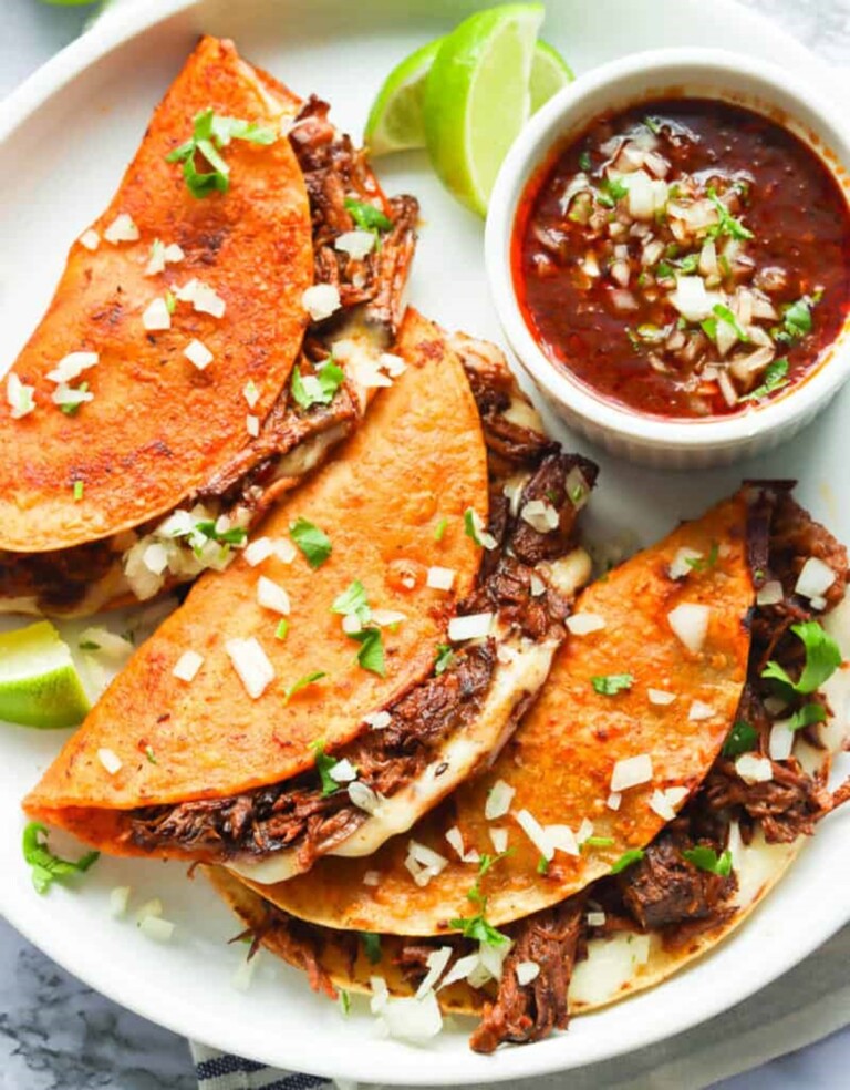 Beeg birria tacos on a white plate with sauce and garnishes.