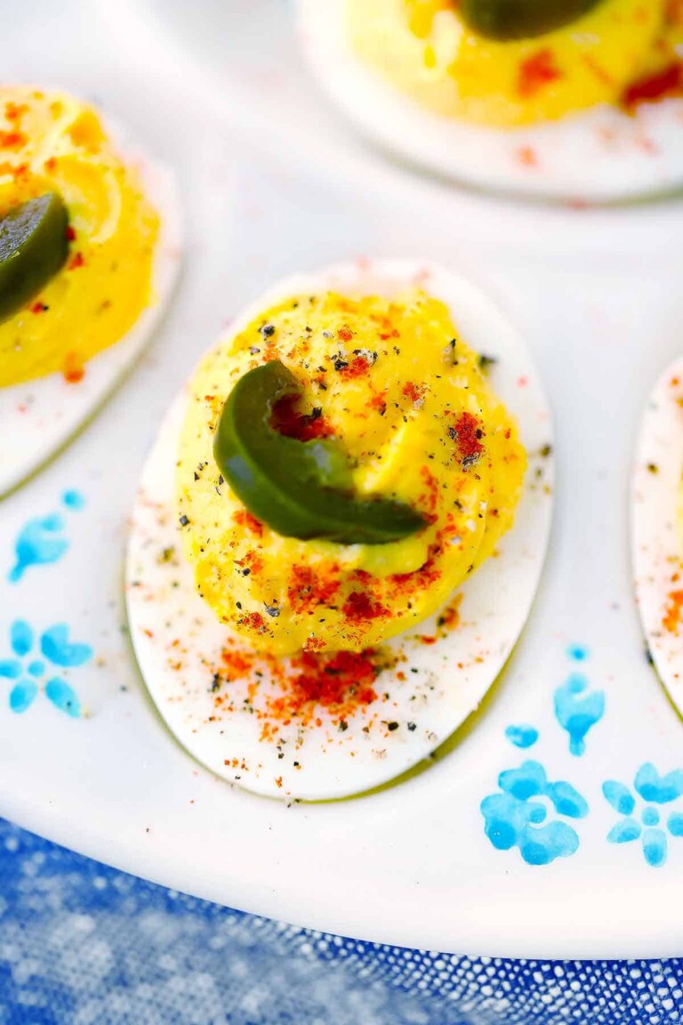 Close up view of a jalapeno deviled egg.