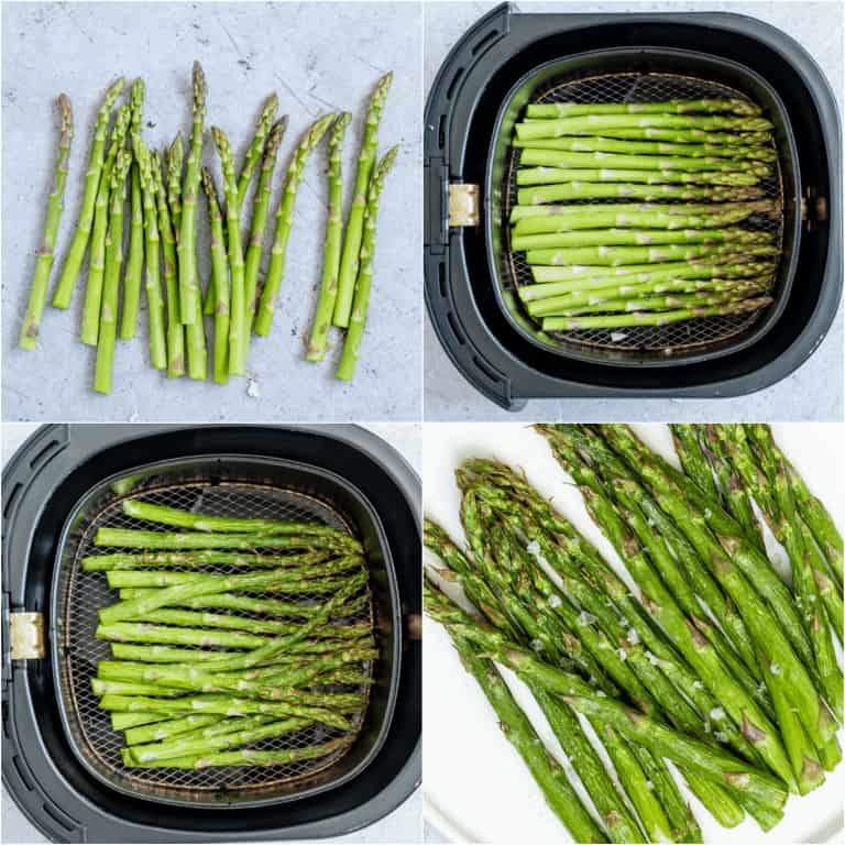 image collage showing the steps for making air fryer asparagus
