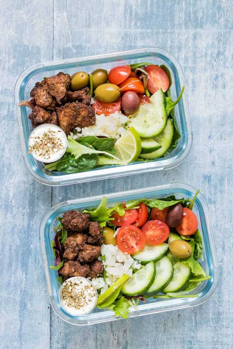 two meal prep glass containers filled with Air Fryer Chicken Shawarma Bowl