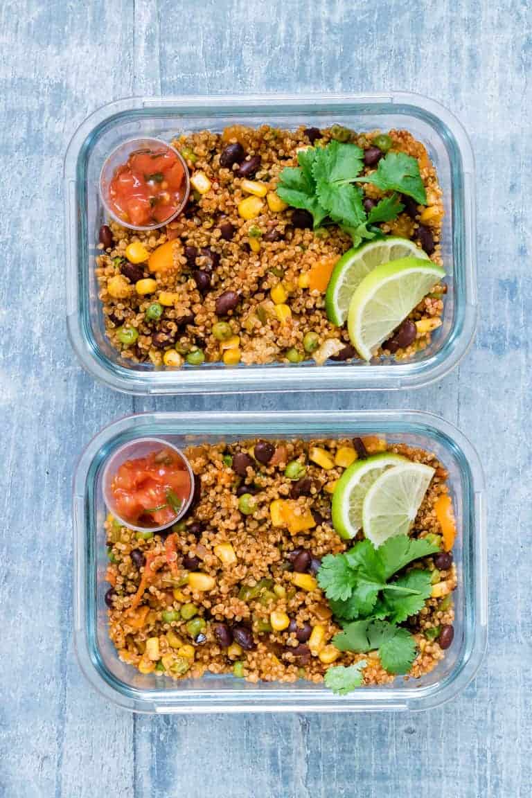 two glass meal prep containers filled with Dump and Start Instant Pot Mexican Quinoa